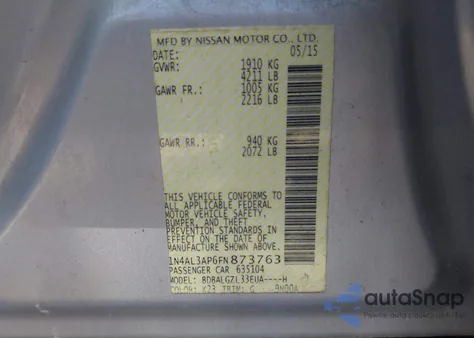 2015 Nissan Altima 2.5/S/Sv/Sl z USA, uszkodzony, nr VIN 1N4AL3AP6FN873763